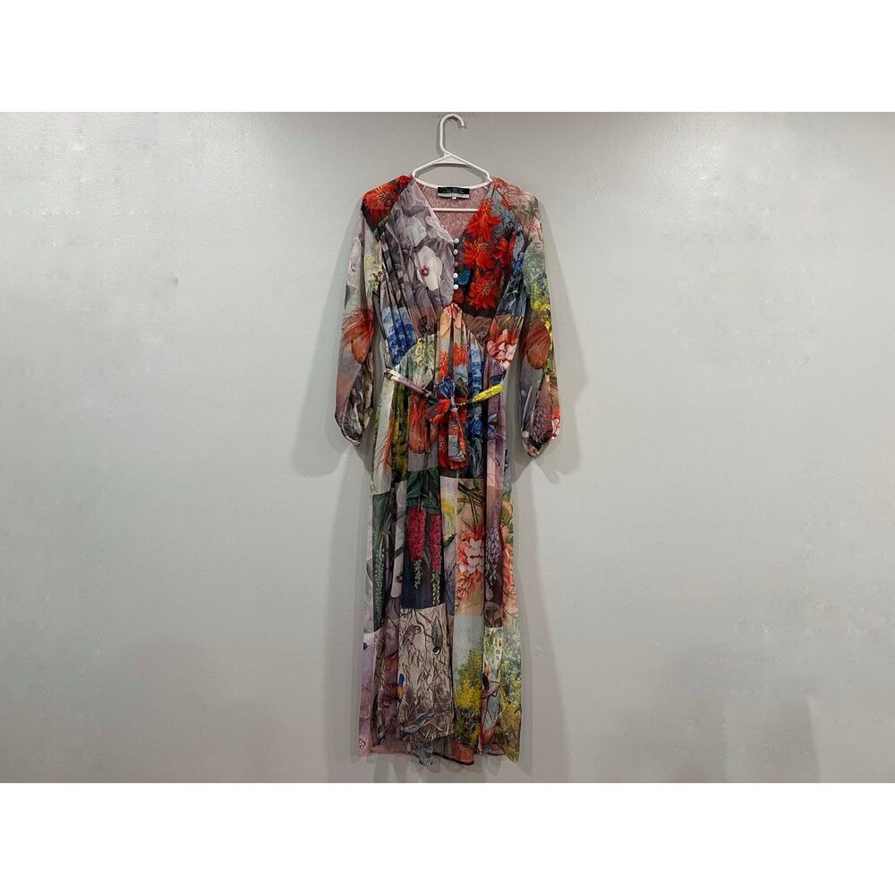 Dalia MacPhee Mixed Print Long Sleeve Sheer Dress Medium M